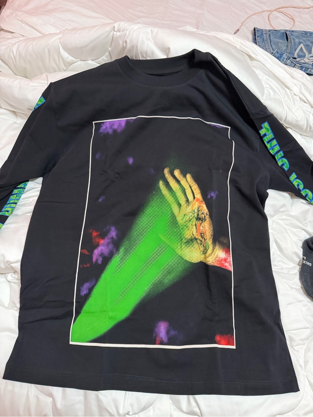 Black Long-Sleeve Graphic Tee with Neon Green Hand Motif